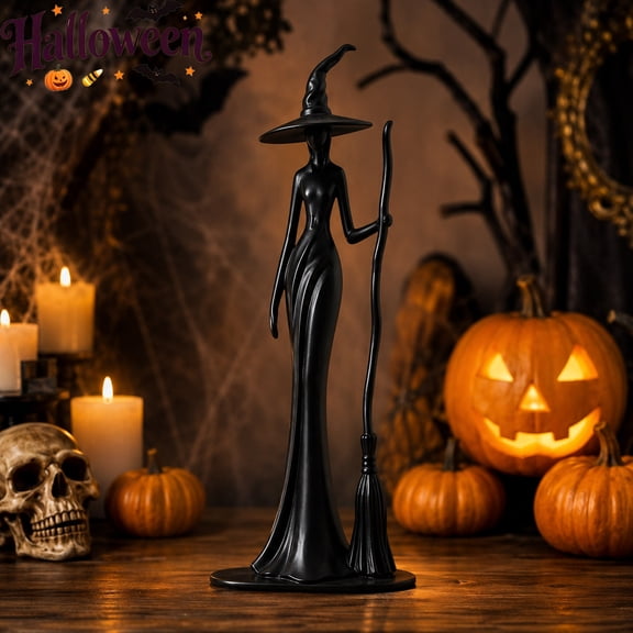 Qocolcyl Black 7.87in Minimalist Witch Statue With Broom, Elegant Silhouette Witch Figurine, Halloween Decorations, Gothic Tabletop Ornament, Indoor Outdoor Mantel Shelf Holiday Party Decor