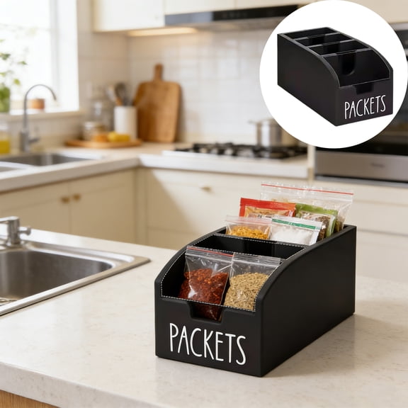 Qocolcyl Black Wooden Packet Storage Organizer, Multi Compartment Kitchen Seasoning Packet Holder, Farmhouse Style Coffee & Tea Bag Caddy, Versatile Countertop Spice Packet Sorting Box