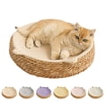 thumbnail image 1 of Qocolcyl Breathable Wicker Round Cat Bed, Natural Hand Woven Wood Cooling Dog Cushion 14x14x3in, Scratch Resistant Summer Sleeping Mat For Kittens Small Dogs, Home Decor Pet Gift,Khaki, 1 of 6
