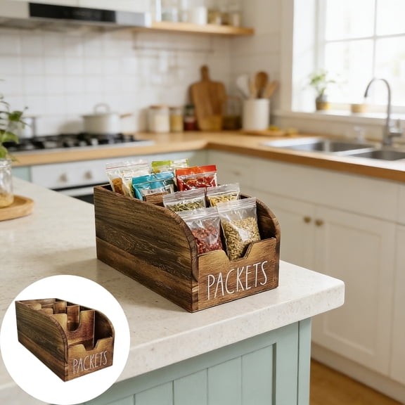 Qocolcyl Brown Wooden Packet Storage Organizer, Multi Compartment Kitchen Seasoning Packet Holder, Farmhouse Style Coffee & Tea Bag Caddy, Versatile Countertop Spice Packet Sorting Box