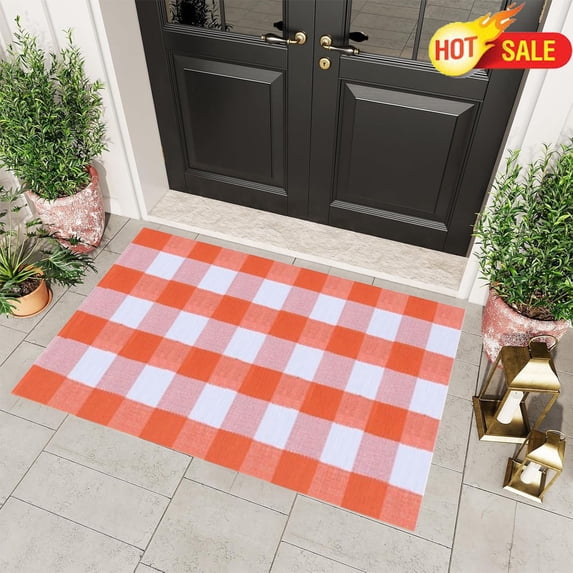 Qocolcyl Buffalo Plaid Outdoor Rug Runner Doormat 24"x16", Red/White Cotton Woven Checkered Fall Farmhouse Porch Rugs, Washable Indoor Door Mat for Front Layered Kitchen Bathroom Laundry Room