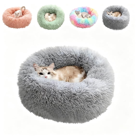 Qocolcyl Calming Fluffy Donut Cat Bed, Soft Polyester Winter Warming Round Cuddler Pet Cushion 16in, Washable Thick Plush Nest For Kittens Small Dogs Under 8.8lbs, Multi Colors, Christmas Pet Gift