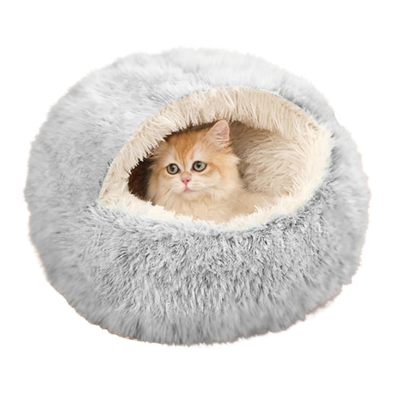 Qocolcyl Calming Plush Shell Cat Bed, Soft Cloth Semi Enclosed Cave Cat Nest 16x16in, Windproof Warm All Season Washable Kitten Hideout With Non-Slip Bottom,Christmas Pet Gift,Gray