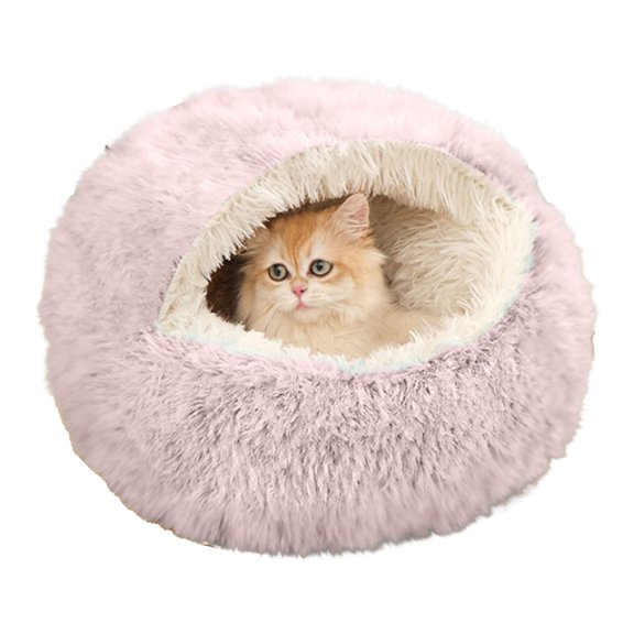 Qocolcyl Calming Plush Shell Cat Bed, Soft Cloth Semi Enclosed Cave Cat Nest 16x16in, Windproof Warm All Season Washable Kitten Hideout With Non-Slip Bottom,Christmas Pet Gift,Pink