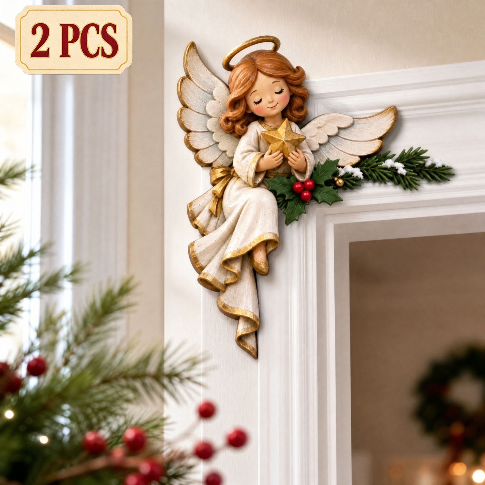 Coner Angel Qocolcyl Christmas Angel Door Frame Corner Decor, 2PCS Wooden Holiday ...