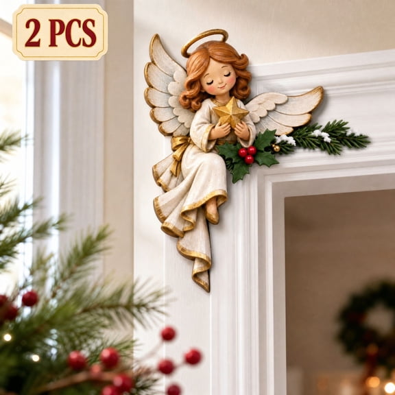Qocolcyl Christmas Angel Door Frame Corner Decor, 2PCS Wooden Holiday Corner Sign, Window Mantel Cabinet Frame Ornament, Xmas Indoor Home Wall Decor, Holiday Party Decoration