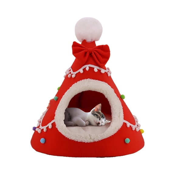 Qocolcyl Christmas Tree Tent Cat Bed, Polyester Plush Warm Enclosed Cave Pet House, Anti-Slip Winter Cozy Kitty Yurt Nest, Washable Holiday Calming Bed for Small Dogs Kittens, Christmas Pet Gift