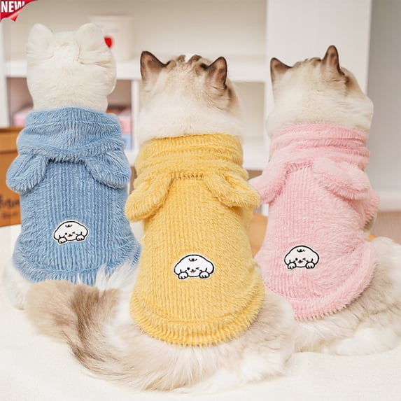 Qocolcyl Cute Cat Dog Winter Bunny Ear Fleece Hoodie, Cartoon Puppy Embroidered Two-Leg Pet Coat, 80% Polyester Stretch Warm Windproof Outfit for Small Breed Dogs Kittens Indoor Daily Winter Apparel