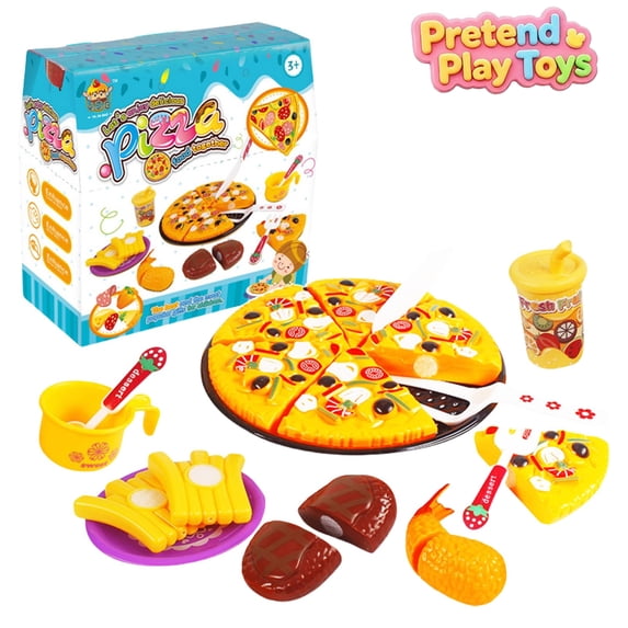 Qocolcyl Cuttable Pizza Pretend Play Toys, Toddler Kids Fast Food Restaurant Playset with Fries Steak Shrimp Drinks Tableware, Learning Toy, Imaginative Chef Role Play Kit for Boys Girls Ages 3+