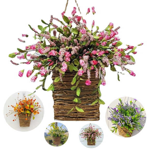 Qocolcyl Door Hanger Basket Wreath,13.7in Farmhouse Wreath with Wildflowers Berry Flower, Spring Summer Wreath for Front Door with Rattan Hanging Basket for Wall Home Porch Decor Beige