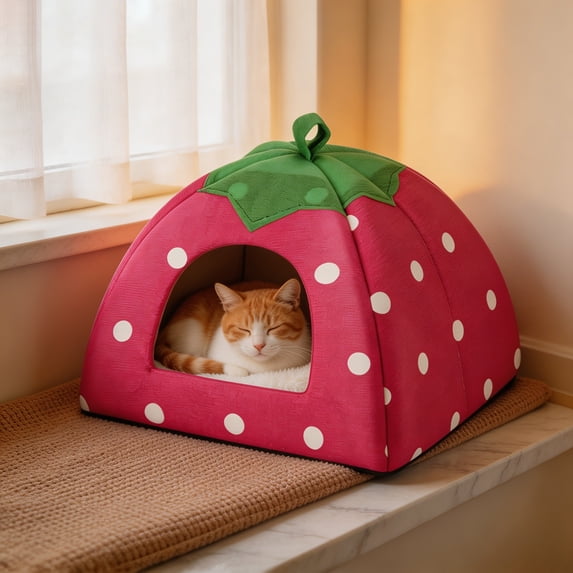 Qocolcyl Dot Strawberry Cat Tent Bed,Foldable Closed Pet House,Washable Soft Warm Indoor Shelter for Kitten Small Animals Dogs Cats