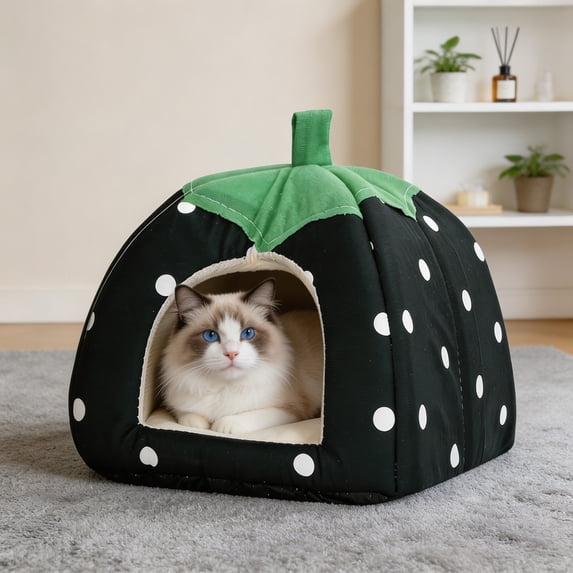 Qocolcyl Dot Strawberry Cat Tent Bed,Foldable Closed Pet House,Washable Soft Warm Indoor Shelter for Kitten Small Animals Dogs Cats