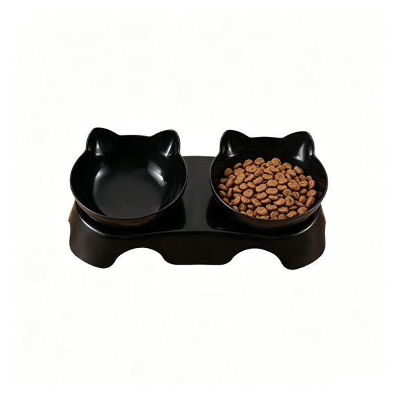 Qocolcyl Double Elevated Cat Bowls with Raised Stand, 15° Tilt Neck Protection Cat Food Bowls, Anti Vomiting Kitty Bowl ,Anti-Slip Raised Pet Food & Water Bowl Feeder for Cats Small Dogs,Black