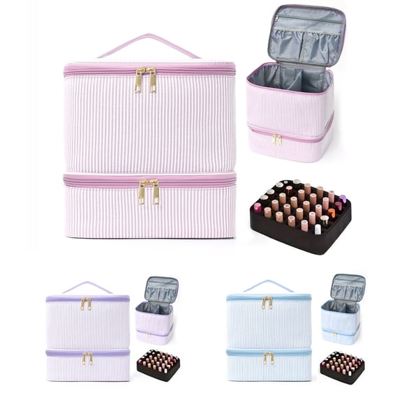 Qocolcyl Double-Layer Nail Art Organizer Bag, Striped Cosmetic Case with Handle, for Nail Polish and Tools Storage