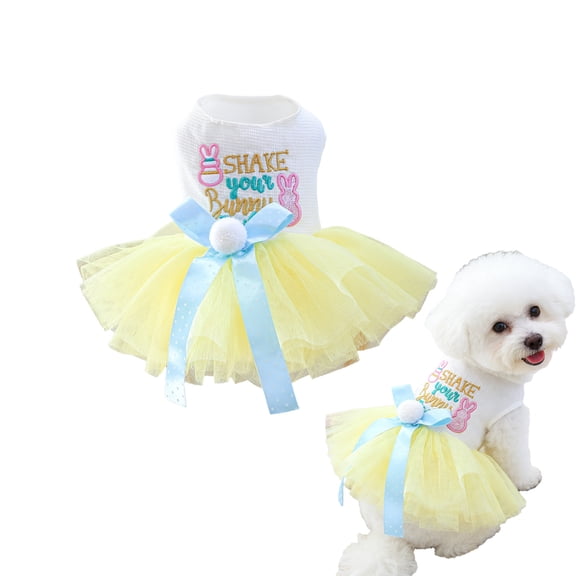 Qocolcyl Easter Bunny Mesh Tutu Dog Dress, Yellow Sleeveless Bow Tulle Pet Outfit for Small Dogs Cats Bichon Teddy Chihuahua, Spring Holiday Puppy Costume Party Photo Family Gathering Pet Gift,XL