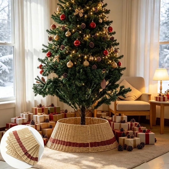 Qocolcyl Extra Large Rattan Christmas Tree Collar Basket - Rustic Handcrafted Christmas Tree Stand Cover Woven Tree Skirt Collar Christmas Tree Decoration Farmhouse Indoor Decorations for Home