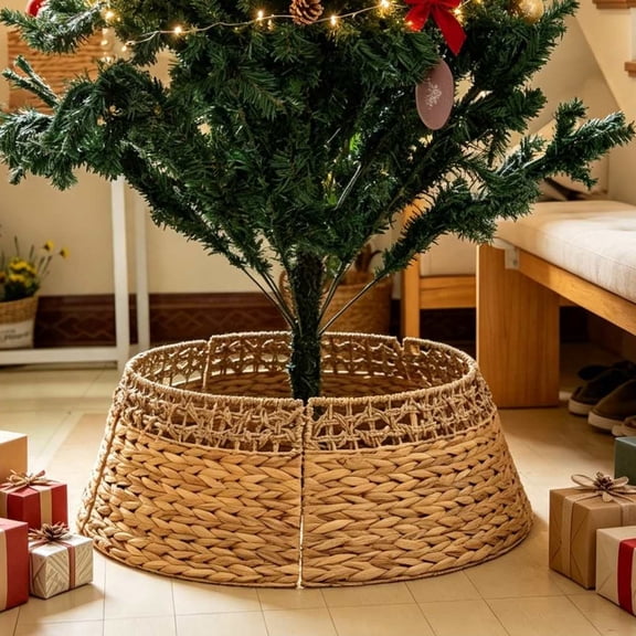 Qocolcyl Extra Large Rattan Christmas Tree Collar Basket - Rustic Handcrafted Christmas Tree Stand Cover Woven Tree Skirt Collar Christmas Tree Decoration Farmhouse Indoor Decorations for Home