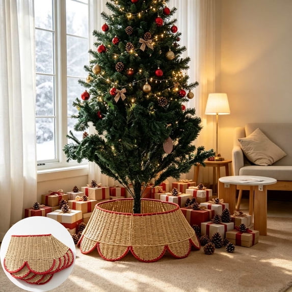 Qocolcyl Extra Large Rattan Christmas Tree Collar Basket - Rustic Handcrafted Christmas Tree Stand Cover Woven Tree Skirt Collar Christmas Tree Decoration Farmhouse Indoor Decorations for Home