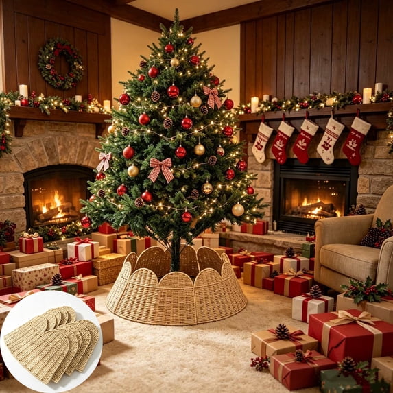 Qocolcyl Extra Large Rattan Christmas Tree Collar Basket - Rustic Handcrafted Christmas Tree Stand Cover Woven Tree Skirt Collar Christmas Tree Decoration Farmhouse Indoor Decorations for Home
