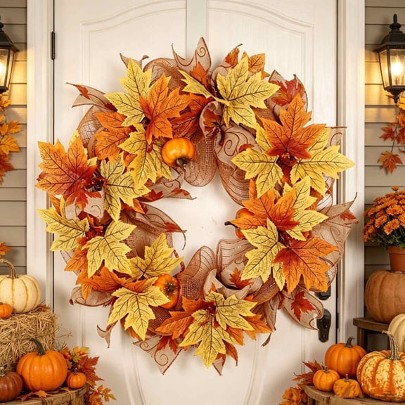 Qocolcyl Fall Maple Leaf Burlap Ribbon Front Door Wreath,Artificial Gradient Autumn Foliage Pumpkin Wreath,Rustic Farmhouse Thanksgiving Decor for Window Mantel Porch Indoor Outdoor Wall Hanging