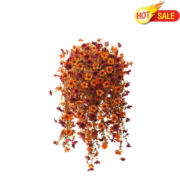 Qocolcyl Fall Red Artificial Fake Mums Hanging Flowers Plants Basket for Outdoor Autumn Decoration, Fake Silk Orange Planters UV Resistant Look Real for Home Patio Balcony Yard Porch Decor