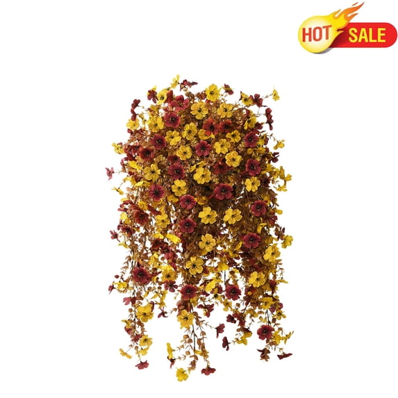 Qocolcyl Fall Yellow Artificial Fake Mums Hanging Flowers Plants Basket for Outdoor Autumn Decoration, Fake Silk Orange Planters UV Resistant Look Real for Home Patio Balcony Yard Porch Decor