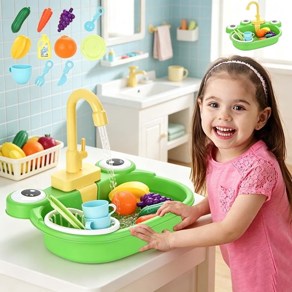 Qocolcyl Frog Shaped Running Water Play Sink Toy,Auto Circulating Water Simulation Fruit Vegetable Tableware Kit,Pretend Kitchen Washing Playset Water Game Toy Gift for Toddlers Girls Boys Christmas