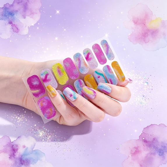 Qocolcyl Glitter Gradient Nail Polish Strips, Self-Adhesive Full Wrap Nail Stickers, Long Lasting Nail Wraps for Women & Girls, 16PCS