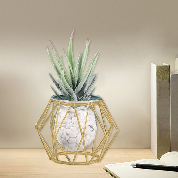 Qocolcyl Gold Geometric Metal Frame Glass Vase, Modern Industrial Style Candle Holder or Flower Vase for Tabletop Decor