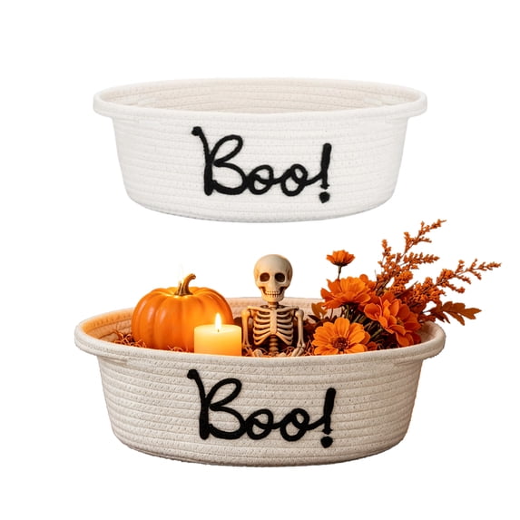 Qocolcyl Halloween Boo Woven Storage Basket, White Cotton Rope Organizer Bin, Halloween Decorations, Candy Treat Basket, Indoor Outdoor Living Room Tabletop Holiday Farmhouse Decor Storage Basket