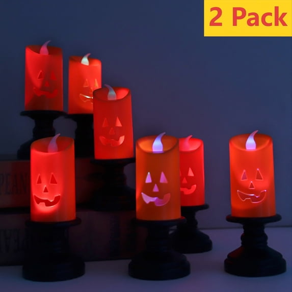 Qocolcyl Halloween Decorations LED Candle Lights, 2 Pcs Pumpkin Lantern, Halloween Indoor Decor, Halloween Table Decoration Ornament for Home Room Party