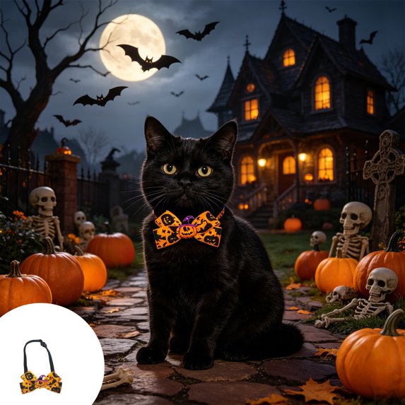 Qocolcyl Halloween Pumpkin Bat Print Pet Bow Tie for Dogs Cats, Adjustable Polyester Pet Costume Accessory, Cute Party Photo Prop, Indoor Outdoor Pet Halloween Decorations Accessories
