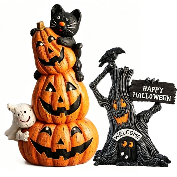 Qocolcyl Halloween Resin Statue Ornament,Stacked Pumpkin Black Cat Ghost Spooky Tree Figurine, Halloween Decorations, Whimsical Holiday Tabletop Figurine, Indoor Outdoor Mantel Shelf Porch Home Decor