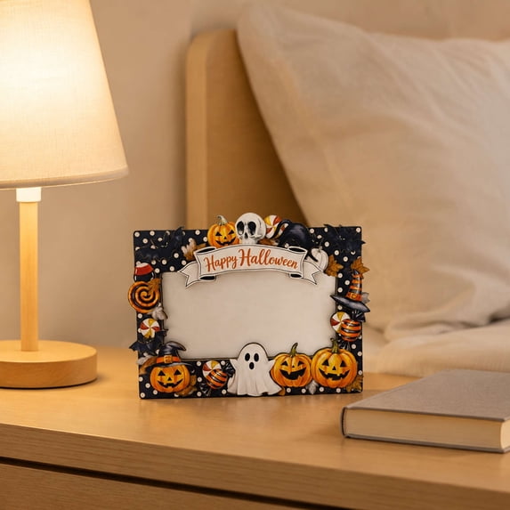 Qocolcyl Halloween Wooden Photo Frame, Spooky Pumpkin Black Cat Ghost Pattern Freestanding Tabletop Picture Frame, Rustic Wood Photo Ornament for Indoor Outdoor Home Party Halloween Decorations