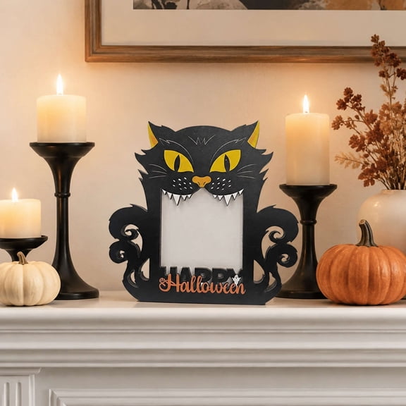 Qocolcyl Halloween Wooden Photo Frame, Spooky Pumpkin Black Cat Ghost Pattern Freestanding Tabletop Picture Frame, Rustic Wood Photo Ornament for Indoor Outdoor Home Party Halloween Decorations
