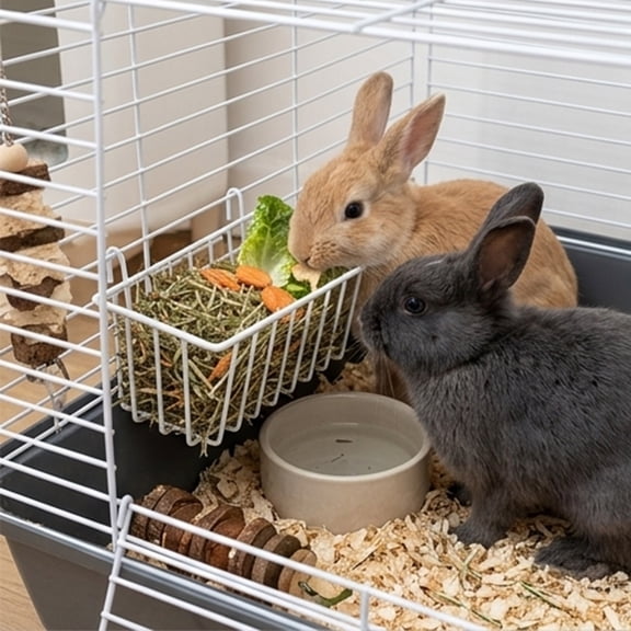 Qocolcyl Hanging Metal Hay Feeder Rack,2 in 1 Food Grass Storage Holder for Rabbit Guinea Pig Hamster Small Pet Cage Feeding Accessory