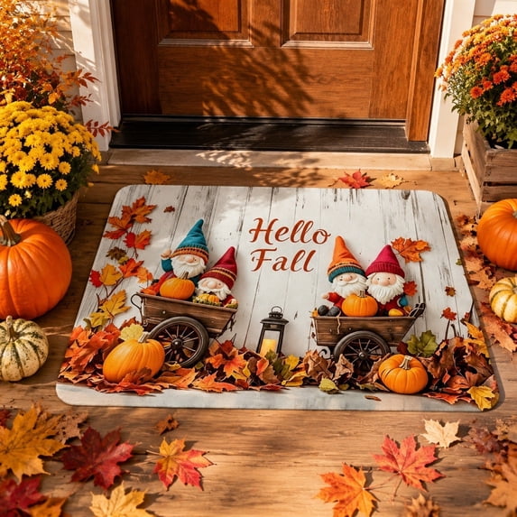 Qocolcyl Hello Fall Gnomes Pumpkin Wagon Doormat 23.6"x15.7",Non Slip Absorbent Vintage Wood Plank Front Door Rug, Rustic Farmhouse Fall Harvest Thanksgiving Indoor Outdoor Porch Entryway Decor Mat