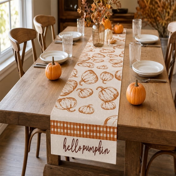 Qocolcyl Hello Pumpkin Buffalo Plaid Table Runner 13"x72",Linen Rustic Fall Harvest Table Decor,Farmhouse Thanksgiving Dining Kitchen Table Centerpiece Seasonal Party Runner
