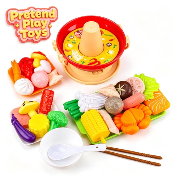 Qocolcyl Hot Pot Pretend Play Toys,Toddler Kids Simulation Seafood Fruit Veggie Food Playset, Preschool Educational Learning Toy, Imaginative Kitchen Role Play Accessory for Boys Girls Ages 3+