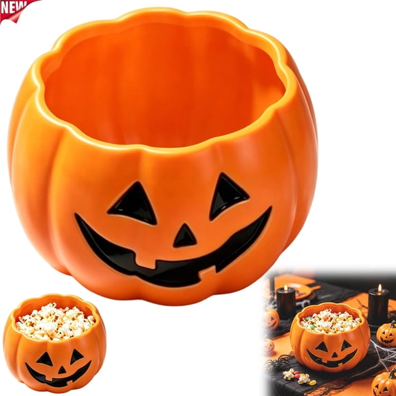 Qocolcyl Jack O Lantern Pumpkin Snack Bowl, Halloween Orange Plastic Candy Popcorn Serving Bowl, Multipurpose Storage Container for Indoor Outdoor Halloween Decorations Dining Table Party Supplies