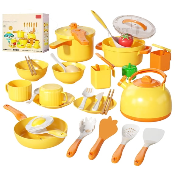 Qocolcyl Kids Cookware Pretend Play Toys, Toddler Complete Pink Pot Pan Kitchen Utensils Playset with Bowls Cups Food Props, Learning Toy, Imaginative Little Chef Role Play Kit for Boys Girls Ages 3+