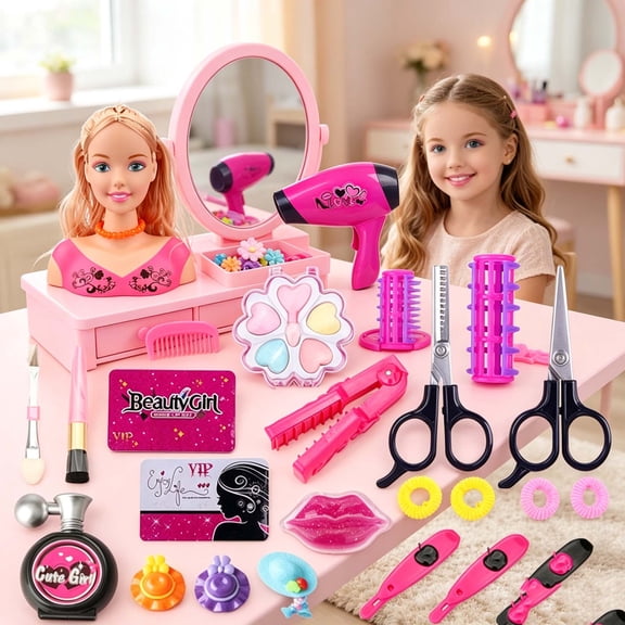 Qocolcyl Kids Hair Styling Mannequin Head Play Set with Cosmetic Palette Hair Curler Comb Brushes Hair Accessories,Princess Dress Up Salon Role Play Toy for Little Girls Ages 3+ Birthday Holiday Gift