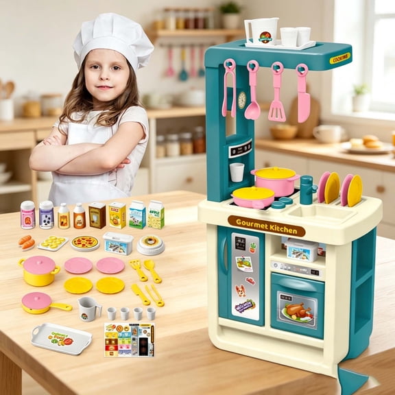 Qocolcyl Kids Large Pretend Gourmet Kitchen Playset 43PCS with Stove Oven Sink Cookware Utensils,Chef Cooking Role Play Educational Toy for Toddlers Ages 3-6-8 Indoor Pretend Game Birthday Gift