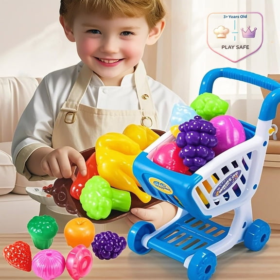 Qocolcyl Kids Pretend Grocery Shopping Cart Playset with Fake Fruits Vegetables Dessert,Supermarket Market Checkout Role Play Educational Toy for Toddlers Boys Girls Indoor Pretend Game Birthday Gift