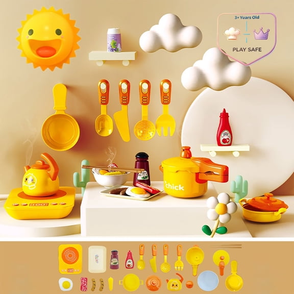 Qocolcyl Kids Pretend Kitchen Cooking Playset with Sound Stove Kettle Pots Pans Utensils Fake Food Condiments,Chef Role Play Early Learning Toy for Toddlers Boys Girls Christmas Birthday Holiday Gift