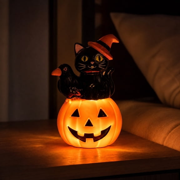 Qocolcyl Light Up Resin Jack O Lantern with Witch Hat Black Cat & Crow, Warm Glow Pumpkin Tabletop Ornament, Spooky Statue for Indoor Outdoor Halloween Decorations Mantel Window Party Decor