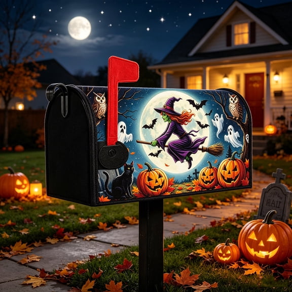 Qocolcyl Magnetic Halloween Witch Pumpkin Ghost Mailbox Cover, Waterproof PVC Mailbox Wrap Sleeve, Halloween Decorations,Outdoor Yard Front Porch Roadside Fall Farmhouse Decor Supplies