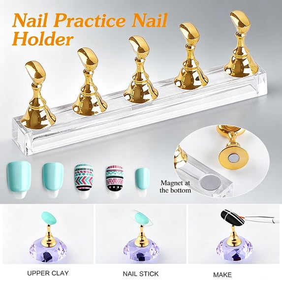 Qocolcyl Magnetic Nail Tip Practice Stand, Clear Acrylic Nail Holder with Gold Base, for Nail Art Training and Display