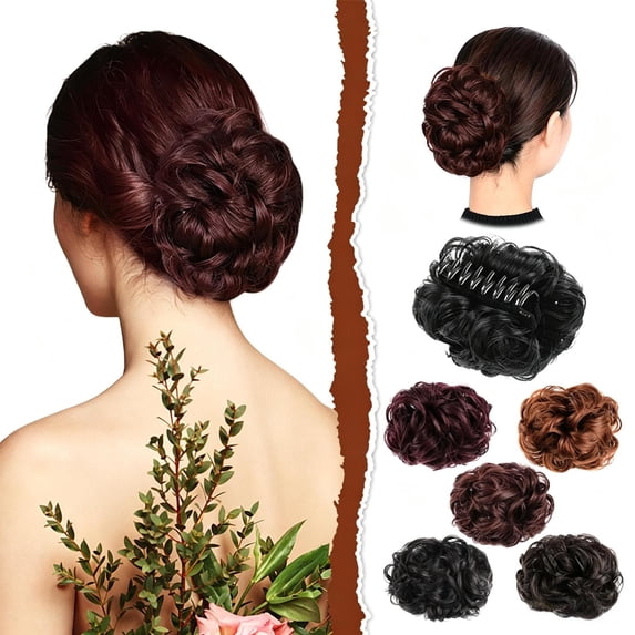 Qocolcyl Messy Curly Hair Bun Claw Clip, Synthetic Hair Chignon Ponytail Holder, Easy Updo Hairpiece, Natural Looking Fake Hair Bun Extension for Daily Wedding Party Women Hairstyle Accessories,Brown