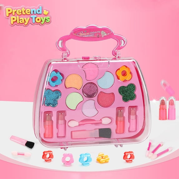 Qocolcyl Kids Pretend Play Makeup Kit for Girls, Pink Portable Princess Cosmetic Vanity Case with Eyeshadow Lipstick Brushes Hair Clips, Learning Toys, Imaginative Dress Up Role Play Toy for Ages 3+